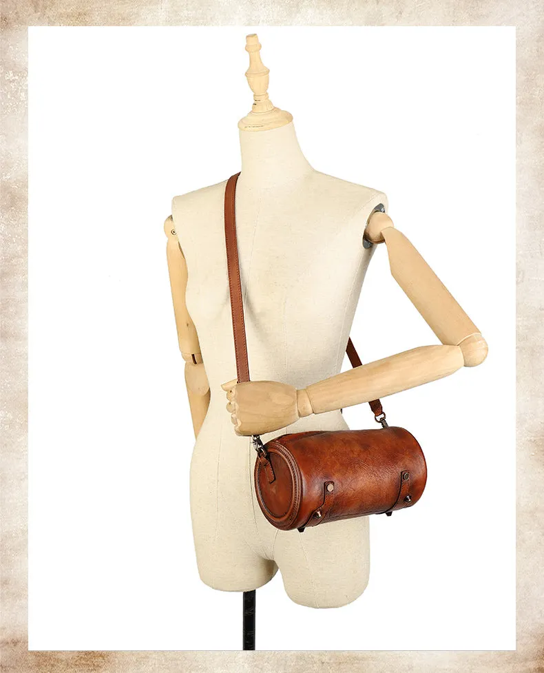 Vintage Brown Leather Womens Barrel Shoulder Bag Bucket Crossbody Purse for Women