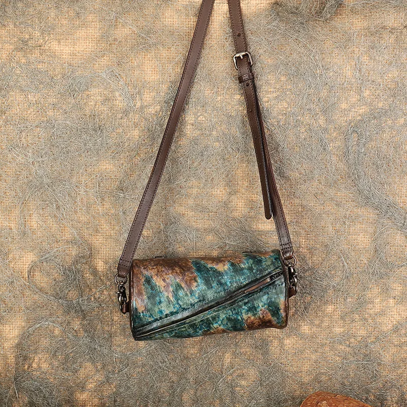 Vintage Brown Leather Womens Barrel Shoulder Bag Bucket Crossbody Purse for Women