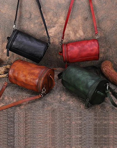 Vintage Brown Leather Womens Barrel Shoulder Bag Bucket Crossbody Purse for Women