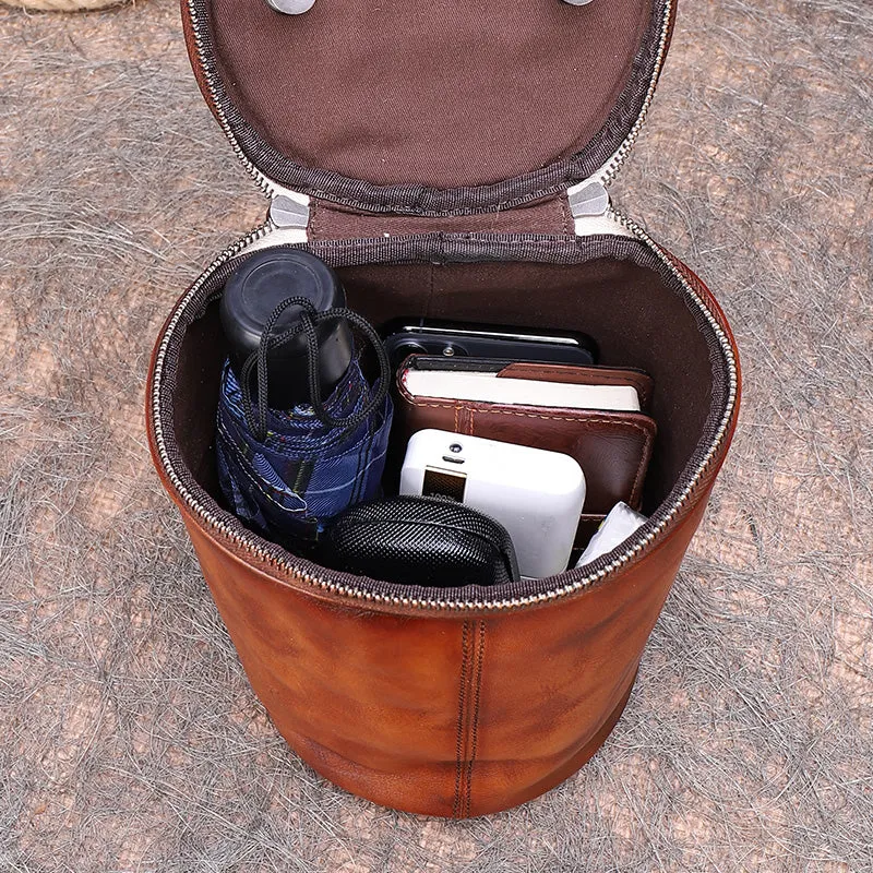 Vintage Brown Leather Womens Barrel Shoulder Bag Bucket Crossbody Purse for Women