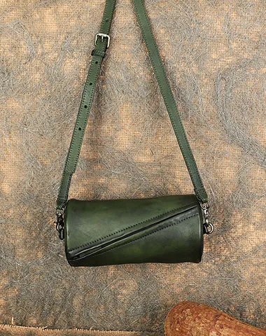 Vintage Brown Leather Womens Barrel Shoulder Bag Bucket Crossbody Purse for Women