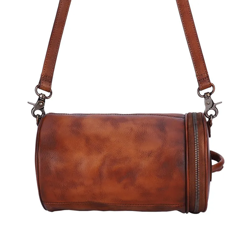 Vintage Brown Leather Womens Barrel Shoulder Bag Bucket Crossbody Purse for Women