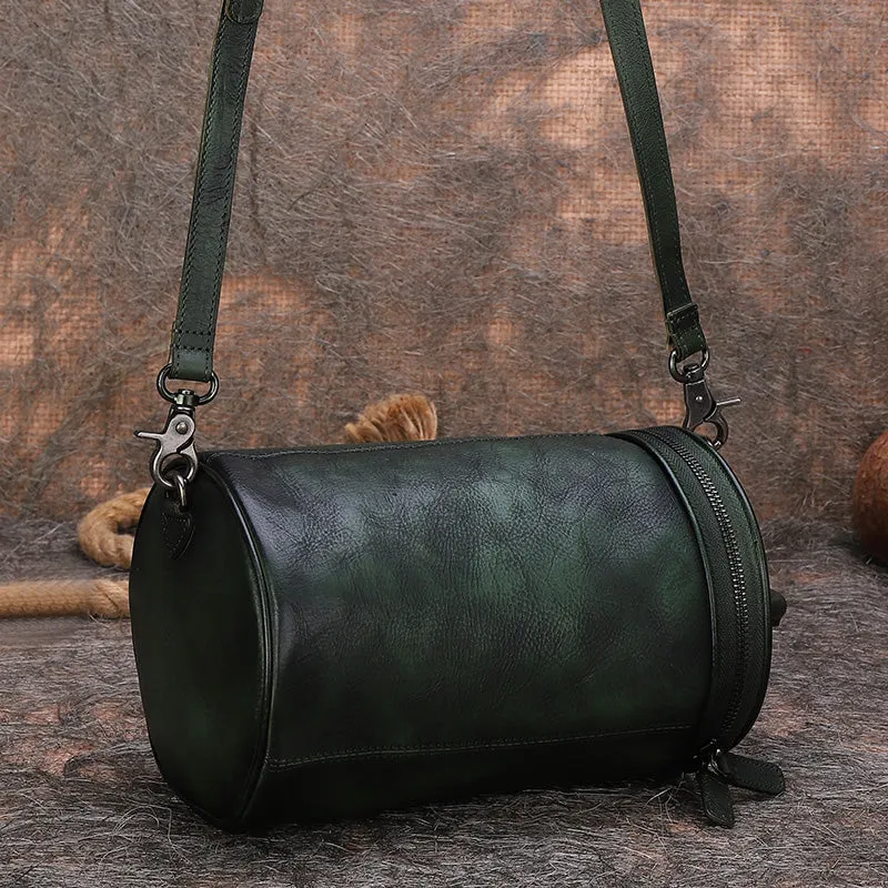 Vintage Brown Leather Womens Barrel Shoulder Bag Bucket Crossbody Purse for Women