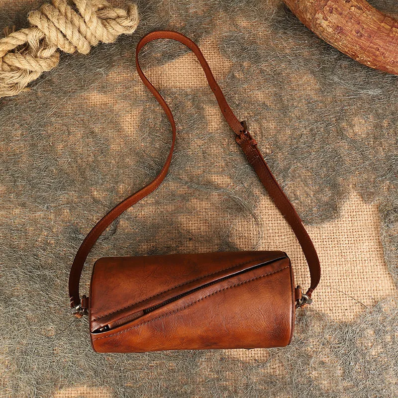 Vintage Brown Leather Womens Barrel Shoulder Bag Bucket Crossbody Purse for Women