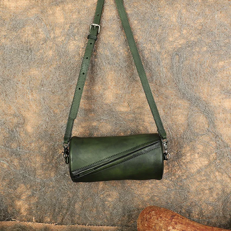 Vintage Brown Leather Womens Barrel Shoulder Bag Bucket Crossbody Purse for Women