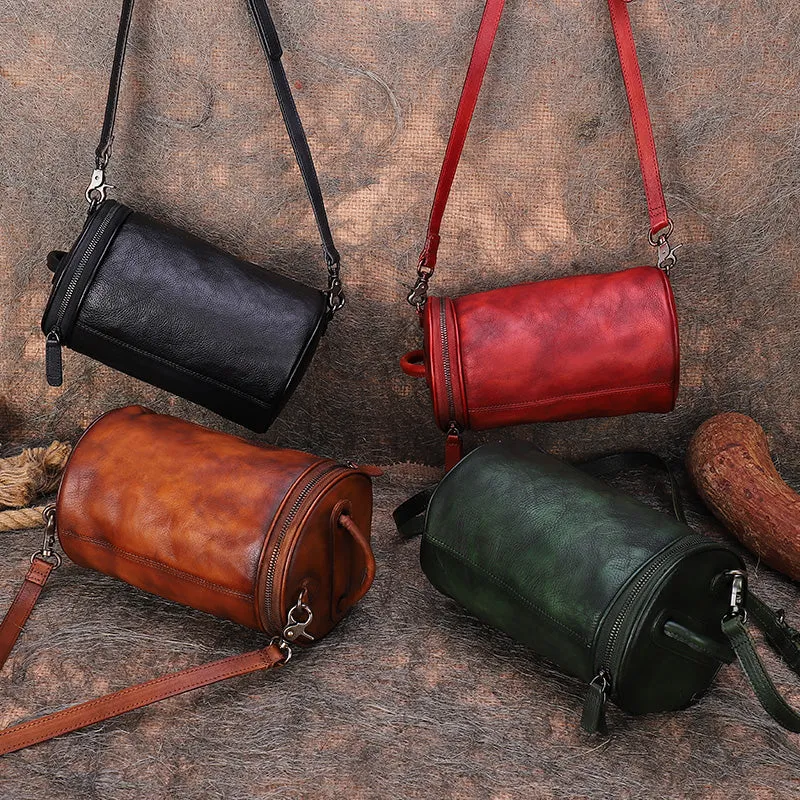 Vintage Brown Leather Womens Barrel Shoulder Bag Bucket Crossbody Purse for Women
