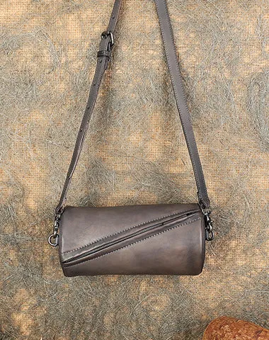 Vintage Brown Leather Womens Barrel Shoulder Bag Bucket Crossbody Purse for Women