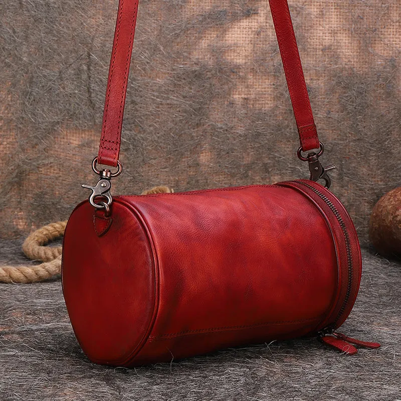 Vintage Brown Leather Womens Barrel Shoulder Bag Bucket Crossbody Purse for Women
