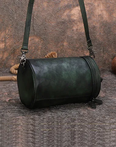 Vintage Brown Leather Womens Barrel Shoulder Bag Bucket Crossbody Purse for Women