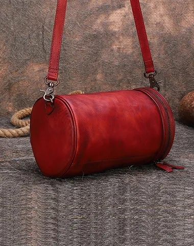 Vintage Brown Leather Womens Barrel Shoulder Bag Bucket Crossbody Purse for Women