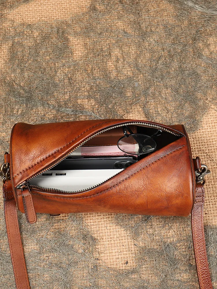 Vintage Brown Leather Womens Barrel Shoulder Bag Bucket Crossbody Purse for Women