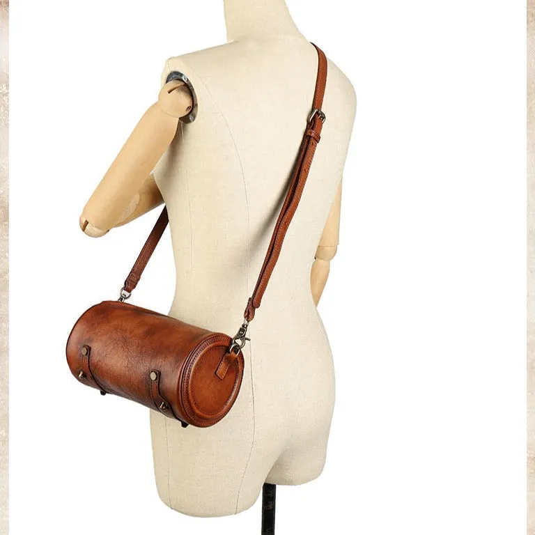 Vintage Brown Leather Womens Barrel Shoulder Bag Bucket Crossbody Purse for Women