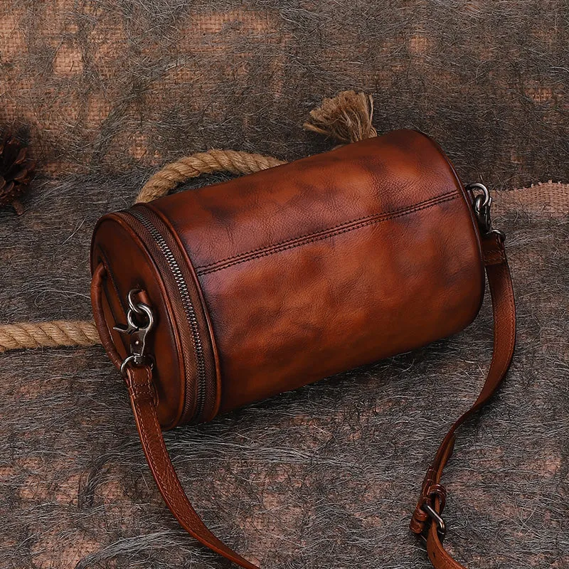 Vintage Brown Leather Womens Barrel Shoulder Bag Bucket Crossbody Purse for Women