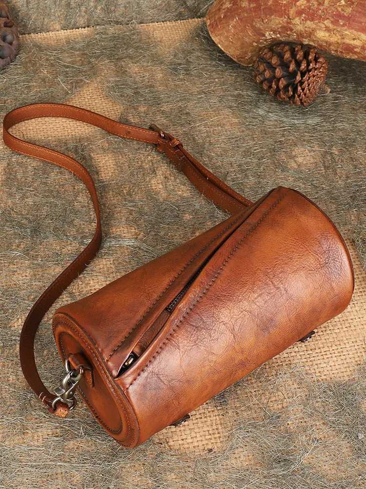 Vintage Brown Leather Womens Barrel Shoulder Bag Bucket Crossbody Purse for Women