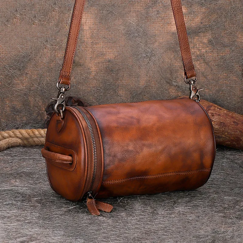 Vintage Brown Leather Womens Barrel Shoulder Bag Bucket Crossbody Purse for Women