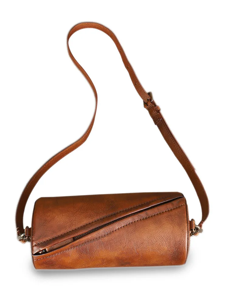 Vintage Brown Leather Womens Barrel Shoulder Bag Bucket Crossbody Purse for Women