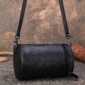 Vintage Brown Leather Womens Barrel Shoulder Bag Bucket Crossbody Purse for Women