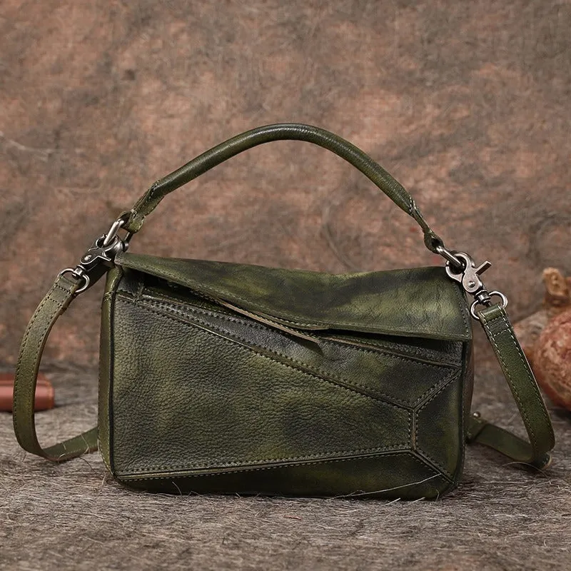 Vintage Brown Leather Womens Cube Shoulder Bag Handmade Geometry Crossbody Purse for Ladies