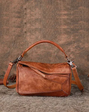 Vintage Brown Leather Womens Cube Shoulder Bag Handmade Geometry Crossbody Purse for Ladies