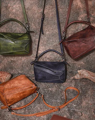 Vintage Brown Leather Womens Cube Shoulder Bag Handmade Geometry Crossbody Purse for Ladies