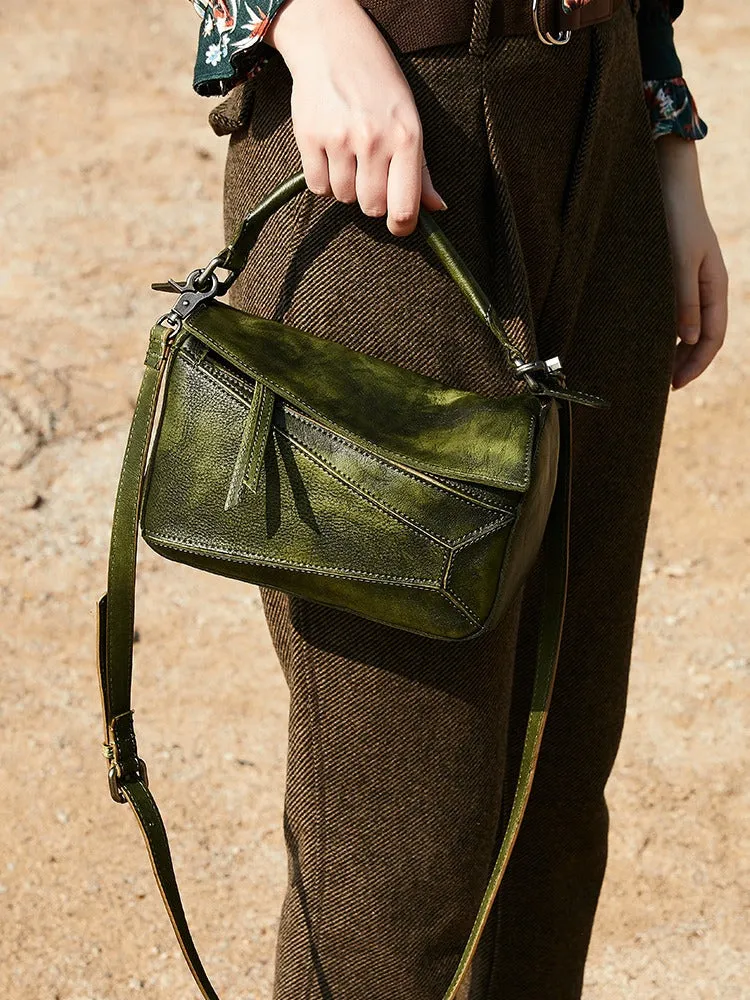 Vintage Brown Leather Womens Cube Shoulder Bag Handmade Geometry Crossbody Purse for Ladies