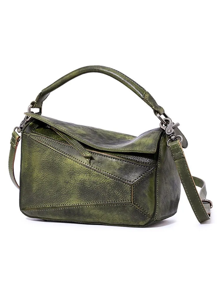 Vintage Brown Leather Womens Cube Shoulder Bag Handmade Geometry Crossbody Purse for Ladies