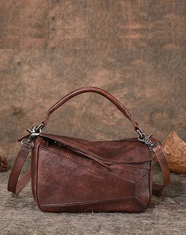 Vintage Brown Leather Womens Cube Shoulder Bag Handmade Geometry Crossbody Purse for Ladies