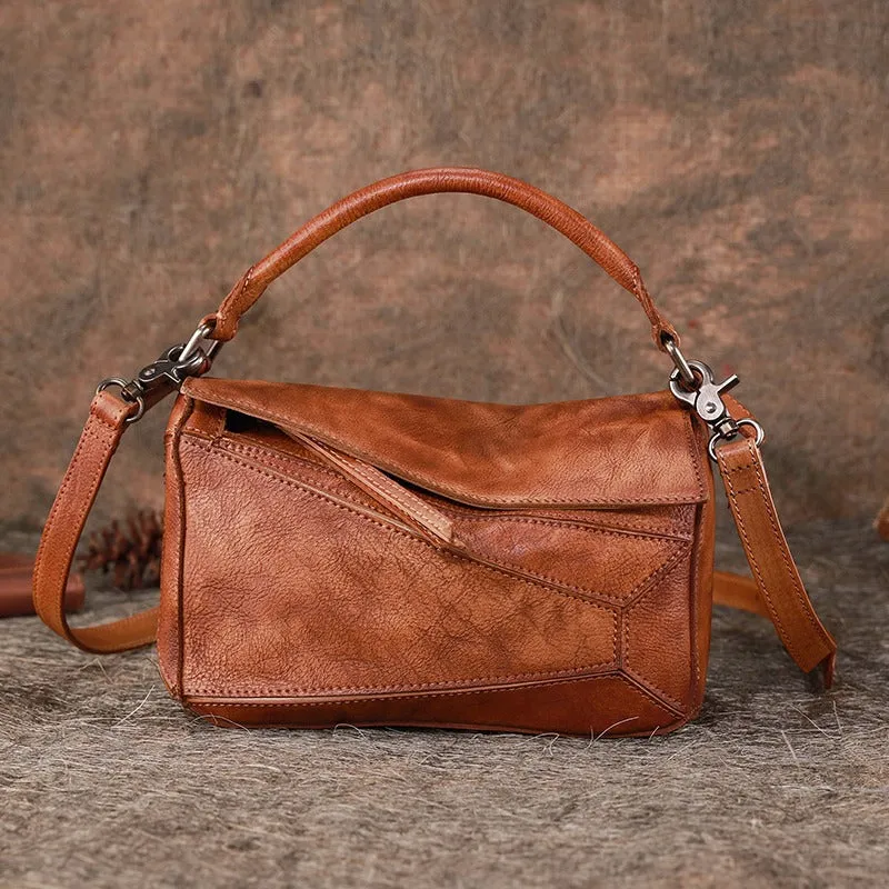 Vintage Brown Leather Womens Cube Shoulder Bag Handmade Geometry Crossbody Purse for Ladies