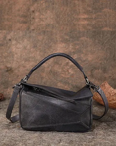 Vintage Brown Leather Womens Cube Shoulder Bag Handmade Geometry Crossbody Purse for Ladies