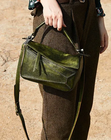 Vintage Brown Leather Womens Cube Shoulder Bag Handmade Geometry Crossbody Purse for Ladies