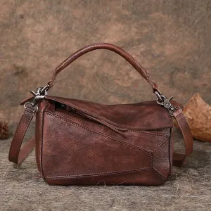 Vintage Brown Leather Womens Cube Shoulder Bag Handmade Geometry Crossbody Purse for Ladies