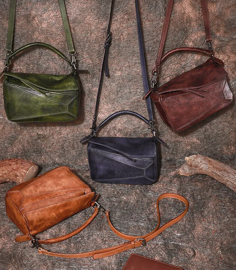 Vintage Brown Leather Womens Cube Shoulder Bag Handmade Geometry Crossbody Purse for Ladies