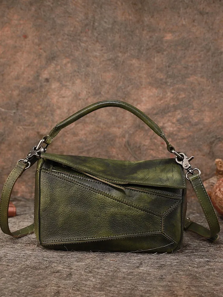 Vintage Brown Leather Womens Cube Shoulder Bag Handmade Geometry Crossbody Purse for Ladies