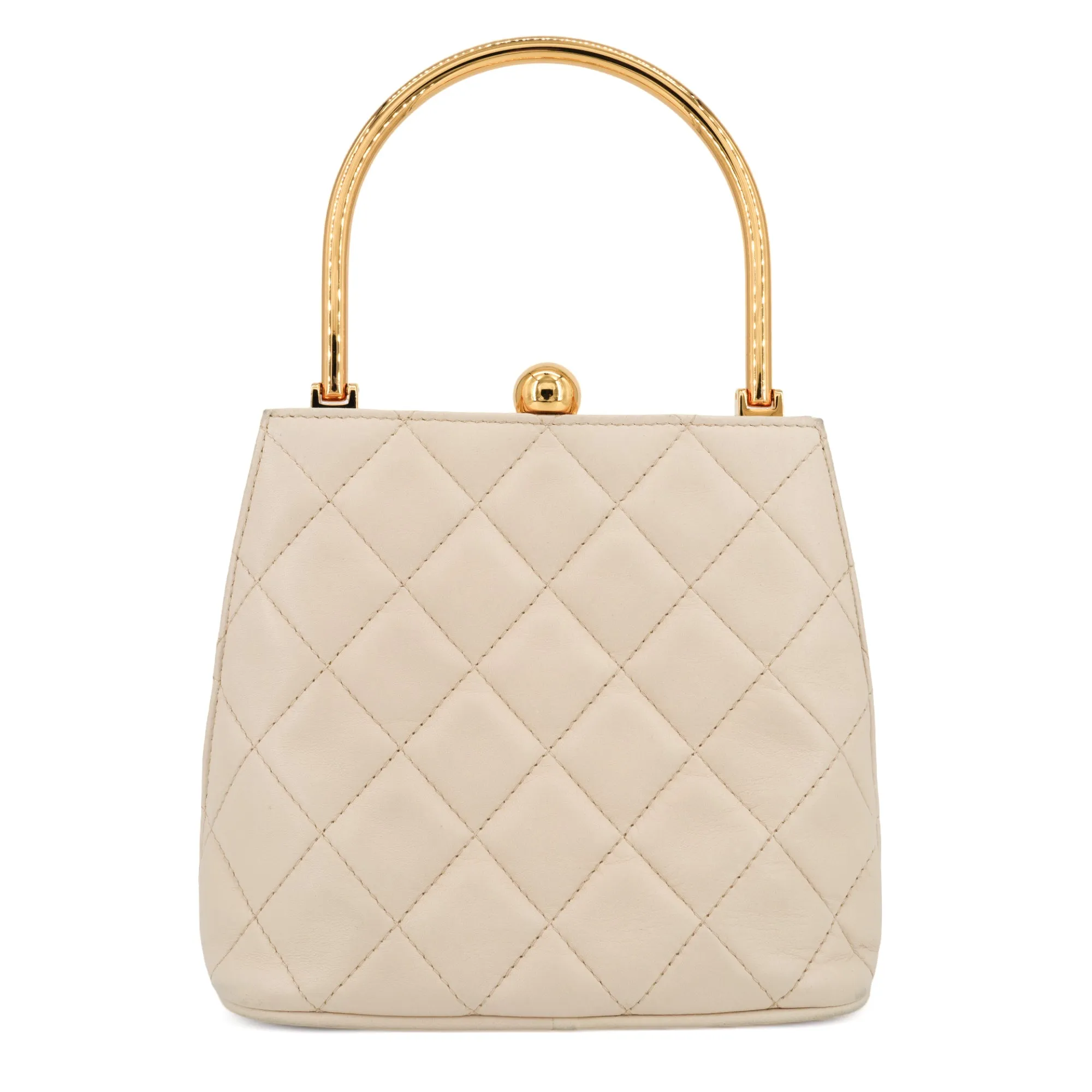 Vintage Gold Metal Top Handle Kelly Bag in Beige Lambskin