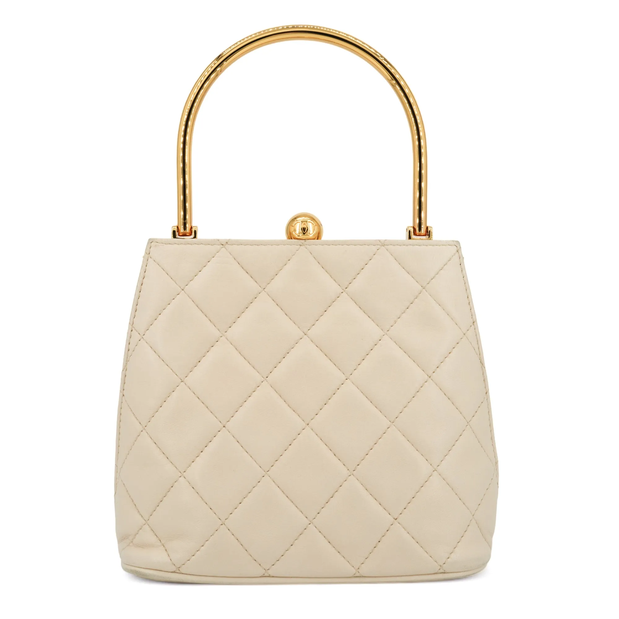 Vintage Gold Metal Top Handle Kelly Bag in Beige Lambskin