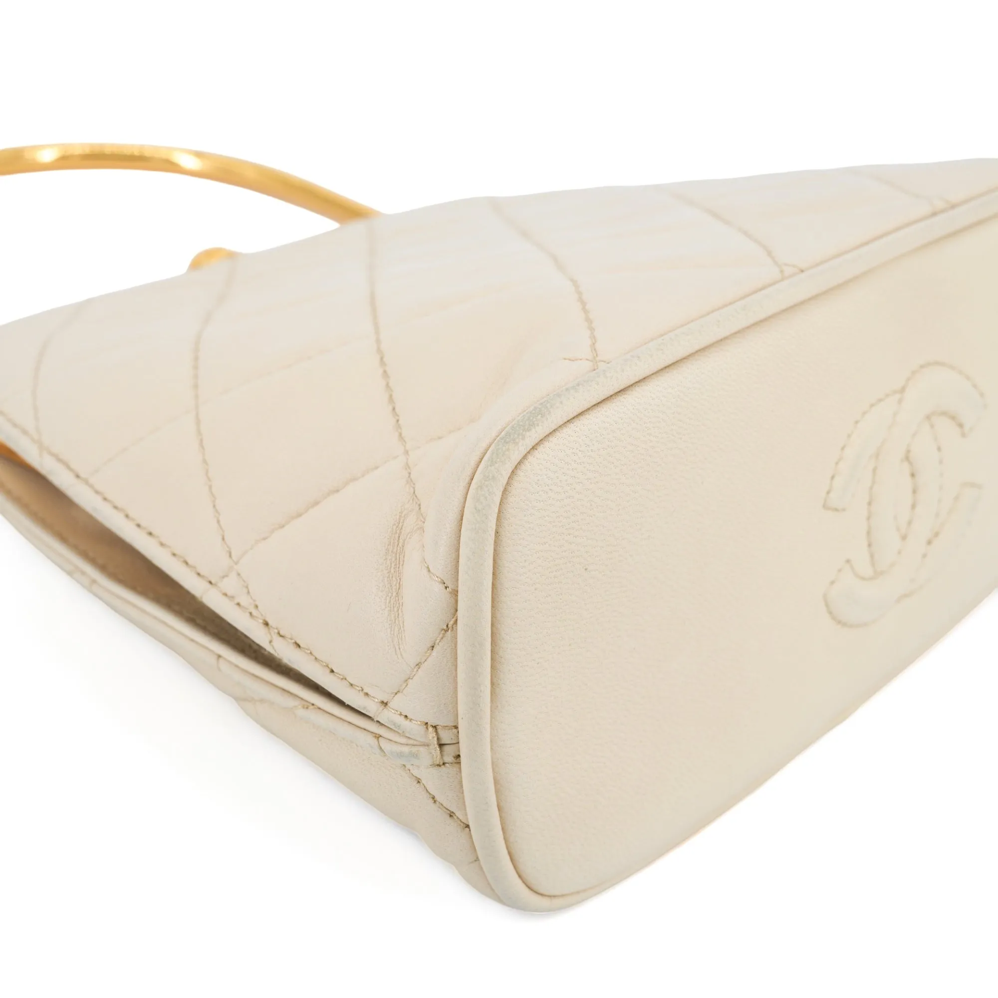 Vintage Gold Metal Top Handle Kelly Bag in Beige Lambskin