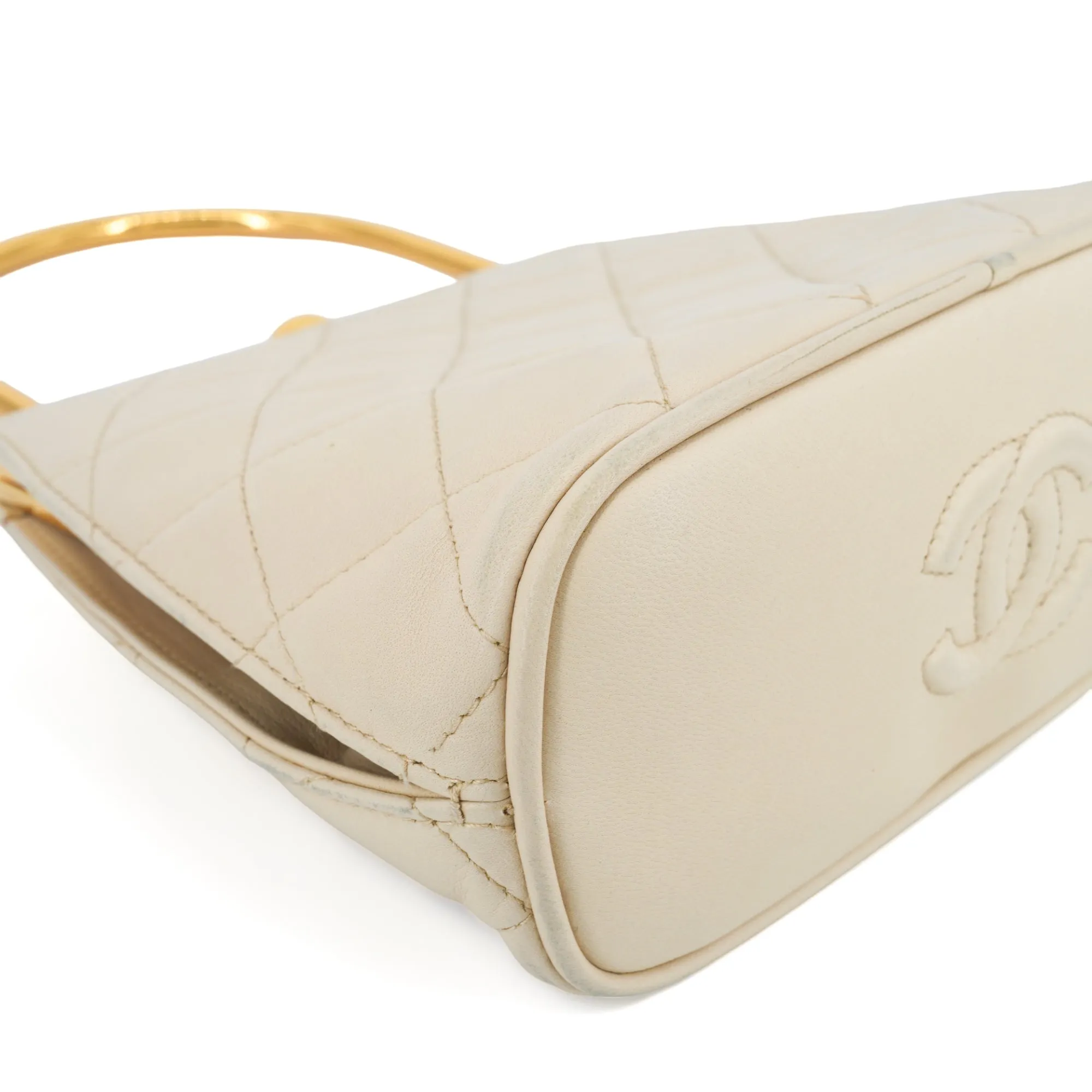 Vintage Gold Metal Top Handle Kelly Bag in Beige Lambskin