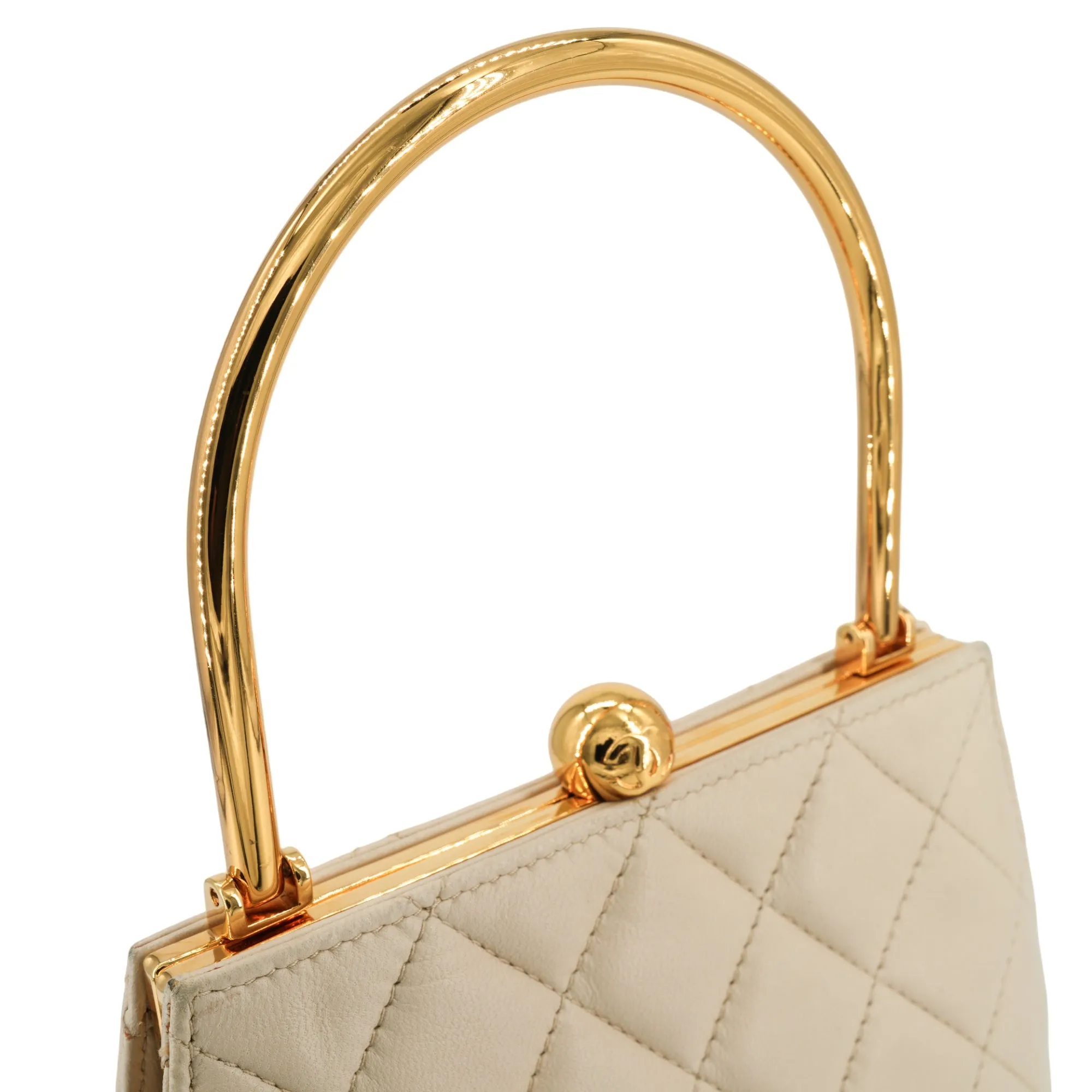 Vintage Gold Metal Top Handle Kelly Bag in Beige Lambskin