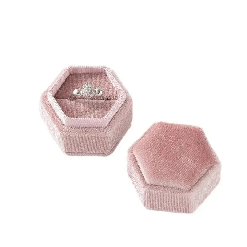 Vintage Hexagon Velvet Jewelry Single Ring Box Empty Case Holder for Engagement Wedding Ceremony Valentines Day Gift Organizer