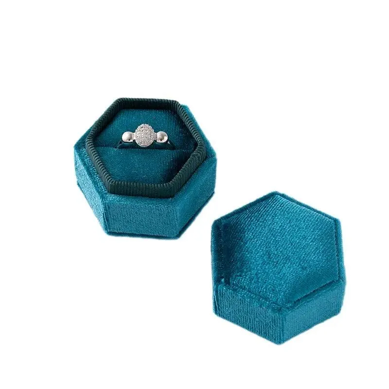 Vintage Hexagon Velvet Jewelry Single Ring Box Empty Case Holder for Engagement Wedding Ceremony Valentines Day Gift Organizer