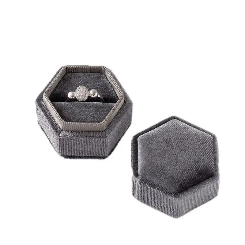 Vintage Hexagon Velvet Jewelry Single Ring Box Empty Case Holder for Engagement Wedding Ceremony Valentines Day Gift Organizer