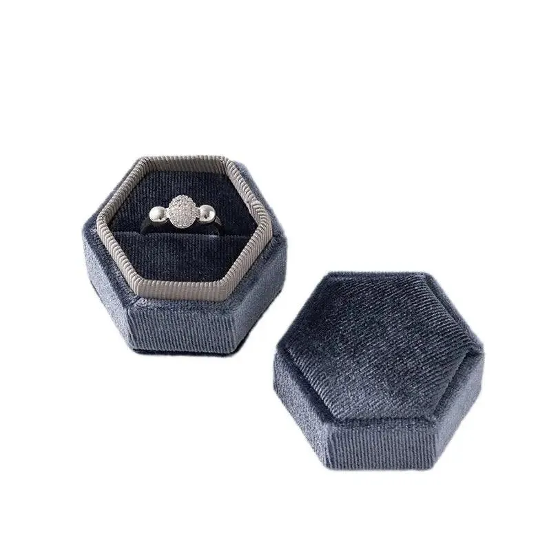 Vintage Hexagon Velvet Jewelry Single Ring Box Empty Case Holder for Engagement Wedding Ceremony Valentines Day Gift Organizer