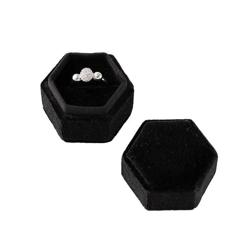 Vintage Hexagon Velvet Jewelry Single Ring Box Empty Case Holder for Engagement Wedding Ceremony Valentines Day Gift Organizer