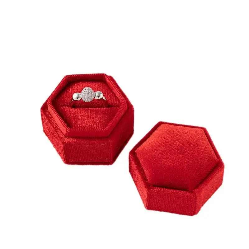Vintage Hexagon Velvet Jewelry Single Ring Box Empty Case Holder for Engagement Wedding Ceremony Valentines Day Gift Organizer