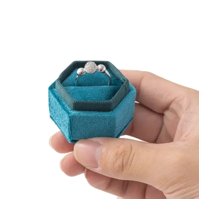 Vintage Hexagon Velvet Jewelry Single Ring Box Empty Case Holder for Engagement Wedding Ceremony Valentines Day Gift Organizer