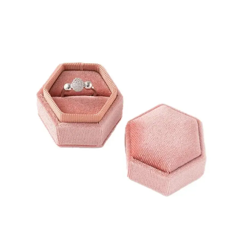 Vintage Hexagon Velvet Jewelry Single Ring Box Empty Case Holder for Engagement Wedding Ceremony Valentines Day Gift Organizer