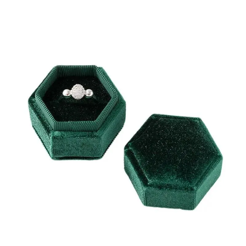 Vintage Hexagon Velvet Jewelry Single Ring Box Empty Case Holder for Engagement Wedding Ceremony Valentines Day Gift Organizer