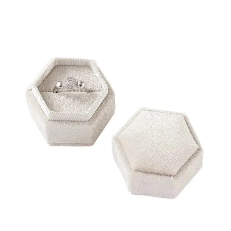 Vintage Hexagon Velvet Jewelry Single Ring Box Empty Case Holder for Engagement Wedding Ceremony Valentines Day Gift Organizer