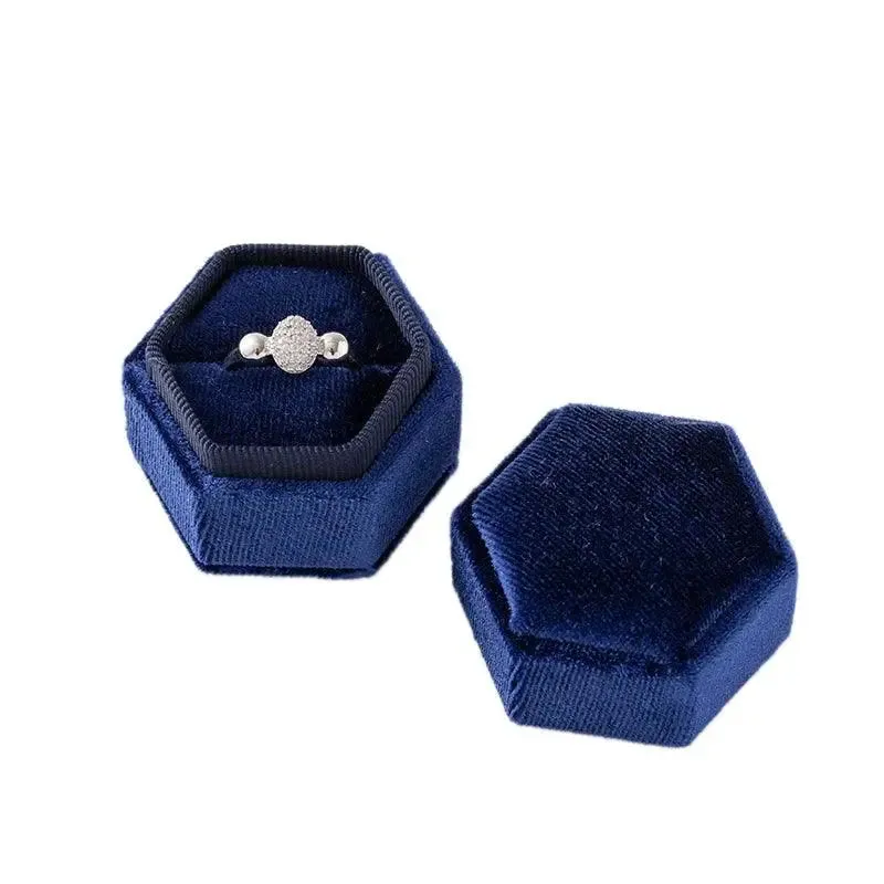 Vintage Hexagon Velvet Jewelry Single Ring Box Empty Case Holder for Engagement Wedding Ceremony Valentines Day Gift Organizer