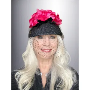 Vintage Ladies Bucket Hat Black Straw w/ Red Silk Flower Crown 1940s